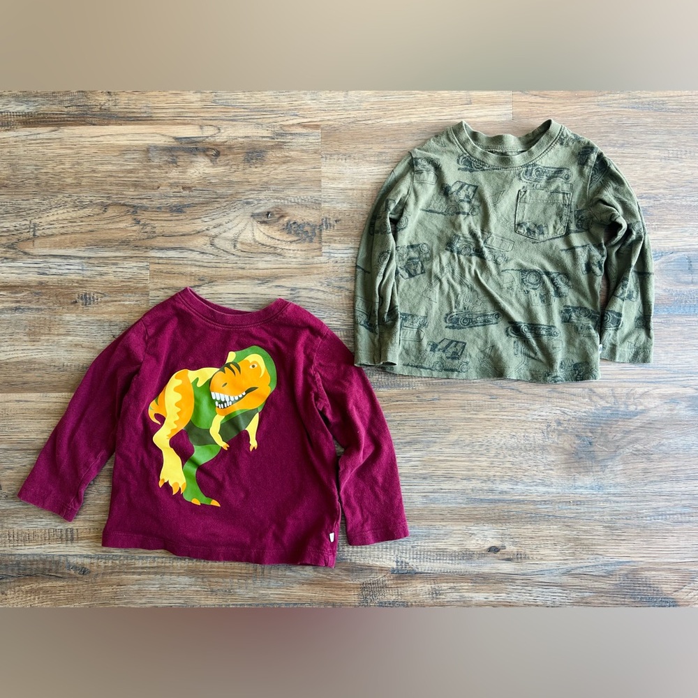 Set of 2 babyGap Long Sleeve Shirts Olive Construction & Red Dinosaur Size 2